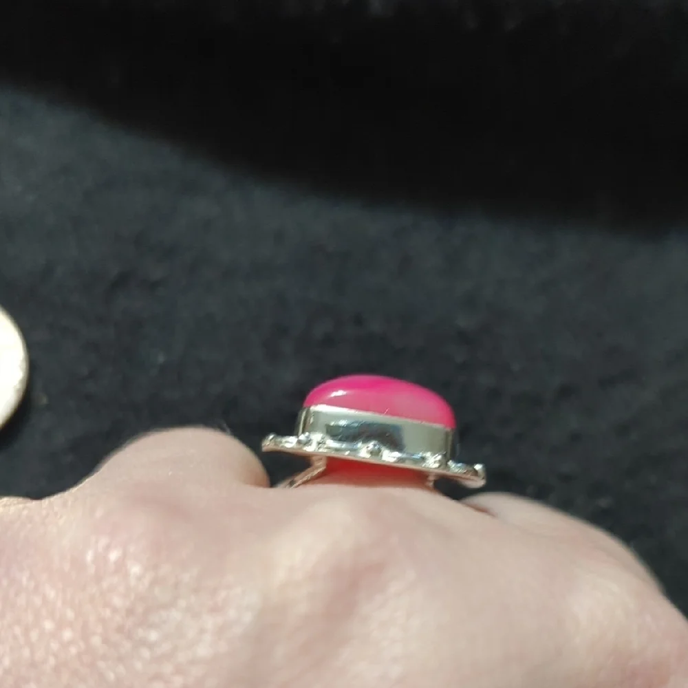 Silver Plated Pink Banded Agate Gemstone Rectangular Statement Ring - Size 8